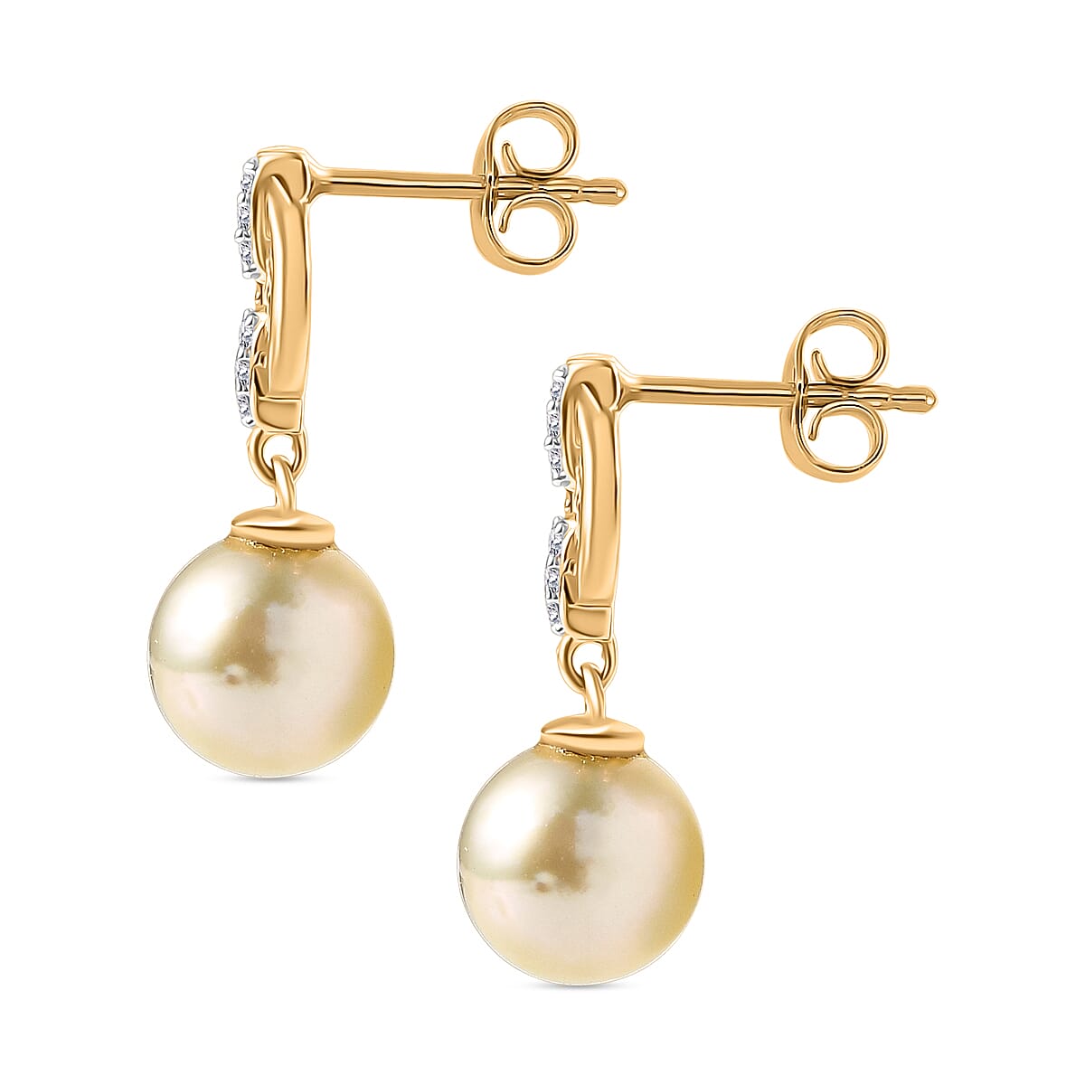 Royal Bali Collection- Golden South Sea Pearl (7-9mm), White Zircon Drop Push Post Earring in 18K Vermeil Yellow Gold Over Sterling Silver 8.40 Ct. 8239518 3