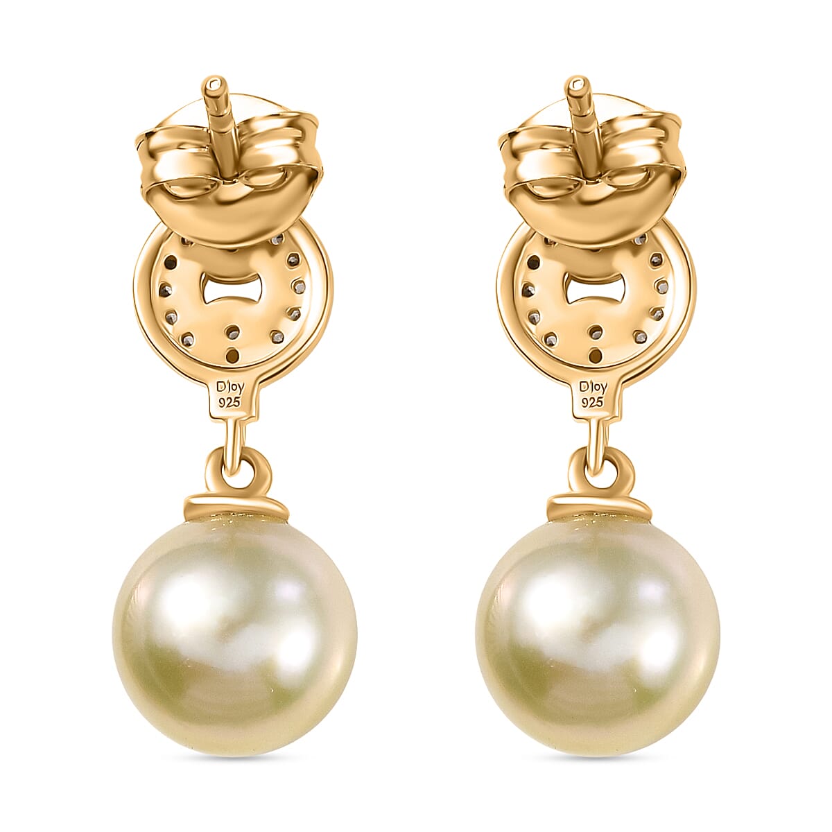 Royal Bali Collection- Golden South Sea Pearl (7-9mm), White Zircon Drop Push Post Earring in 18K Vermeil Yellow Gold Over Sterling Silver 8.40 Ct. 8239518 4