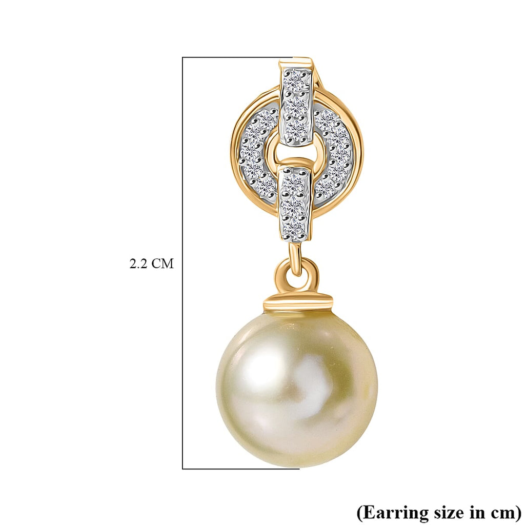 Royal Bali Collection- Golden South Sea Pearl ( 8-9MM) & White Zircon Stud Push Post Earring in 18K Vermeil Yellow Gold Plated Sterling Silver 8.40 Ct