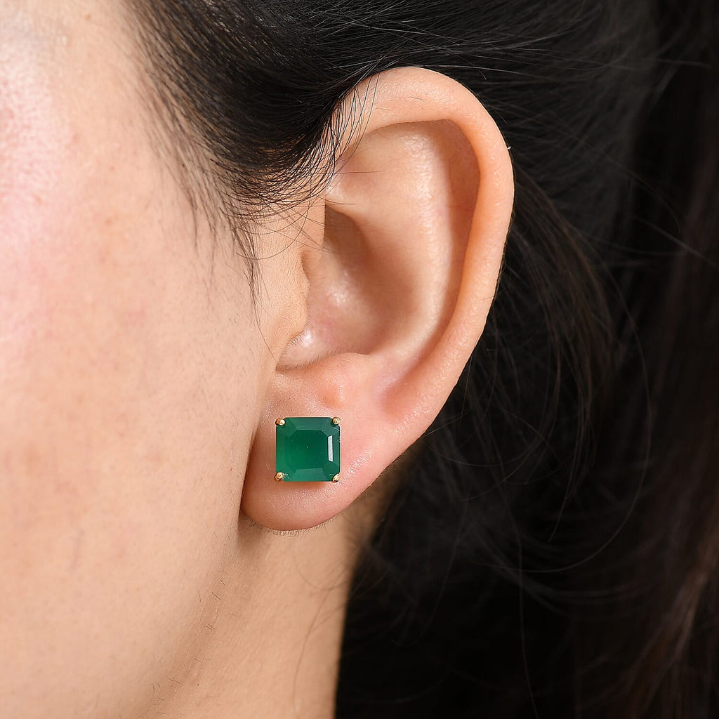 D'joy Green Onyx Solitaire Stud Push Post Earring in 14K Yellow Gold Plating Sterling Silver 4.43 Ct.