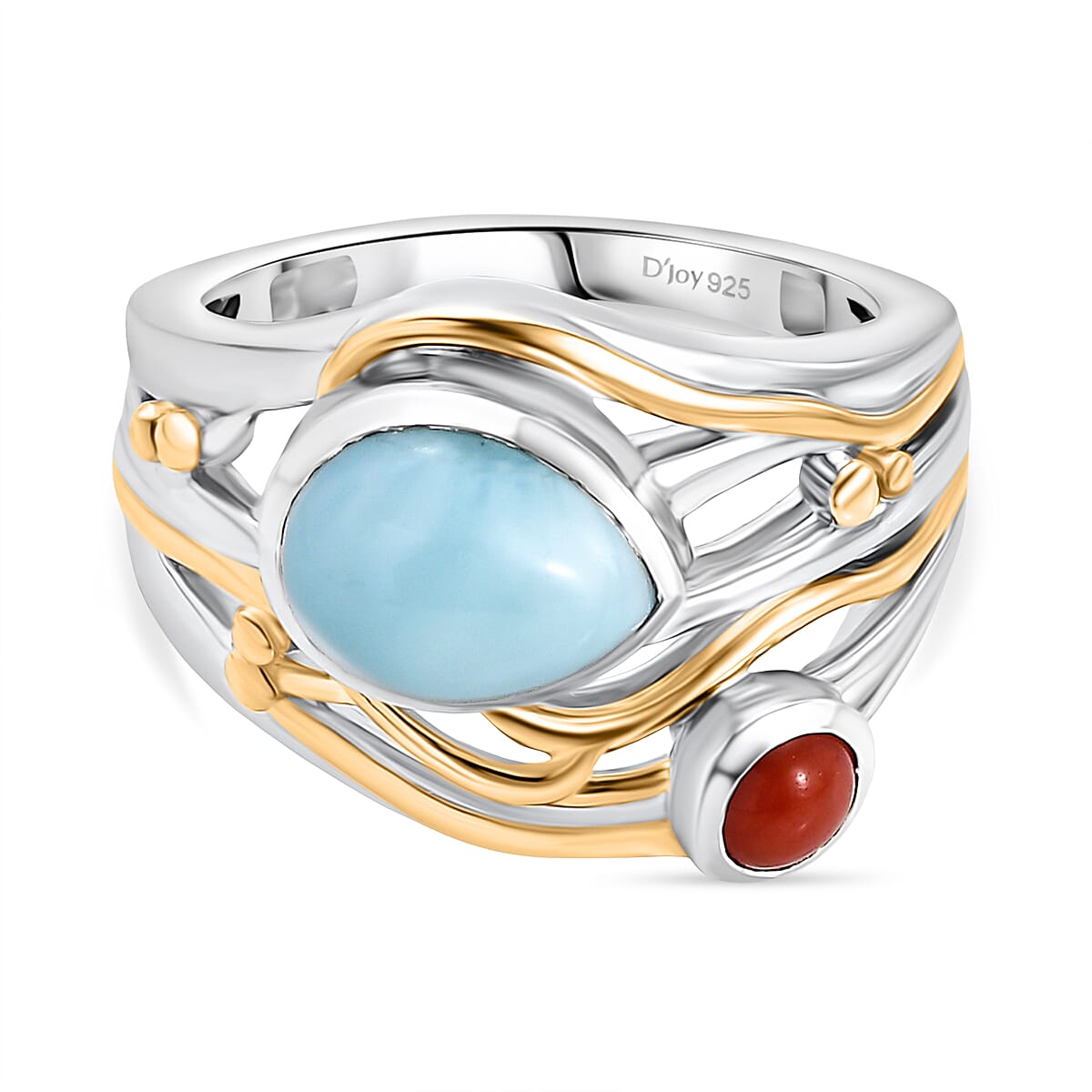 D'joy Larimar, Coral Oceanic Harmony Ring in 18K Yellow Gold Plated Sterling Silver 2.40 Ct. 8195149 0