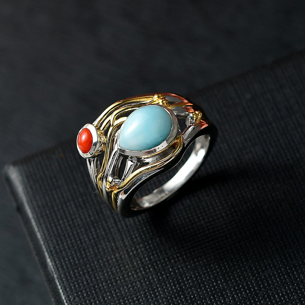 D'joy Larimar & Coral Oceanic Harmony Ring in 18K Yellow Gold Plated Sterling Silver 2.40 Ct.