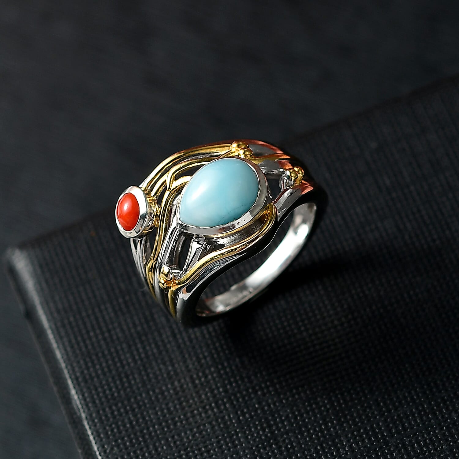 D'joy Larimar, Coral Oceanic Harmony Ring in 18K Yellow Gold Plated Sterling Silver 2.40 Ct. 8195149 2