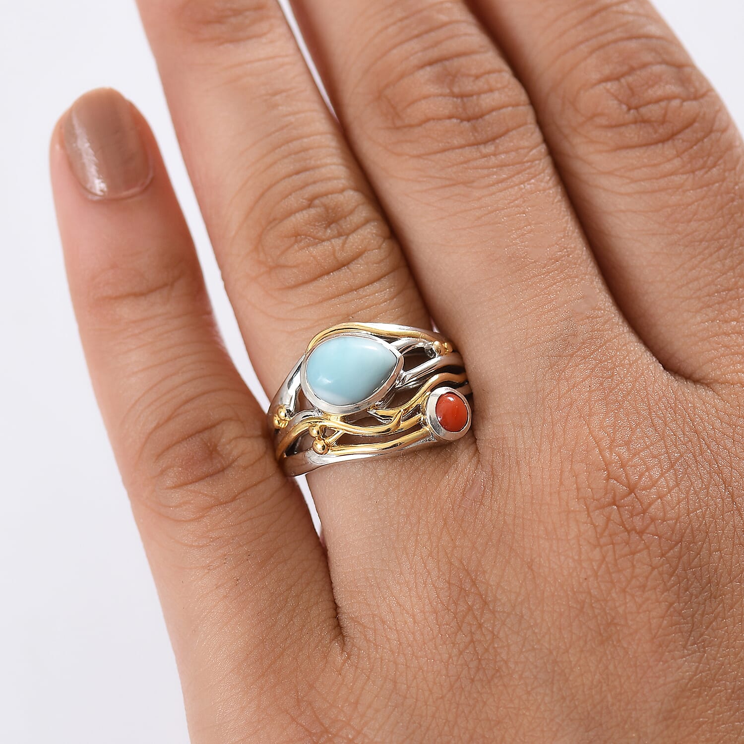 D'joy Larimar, Coral Oceanic Harmony Ring in 18K Yellow Gold Plated Sterling Silver 2.40 Ct. 8195149 3