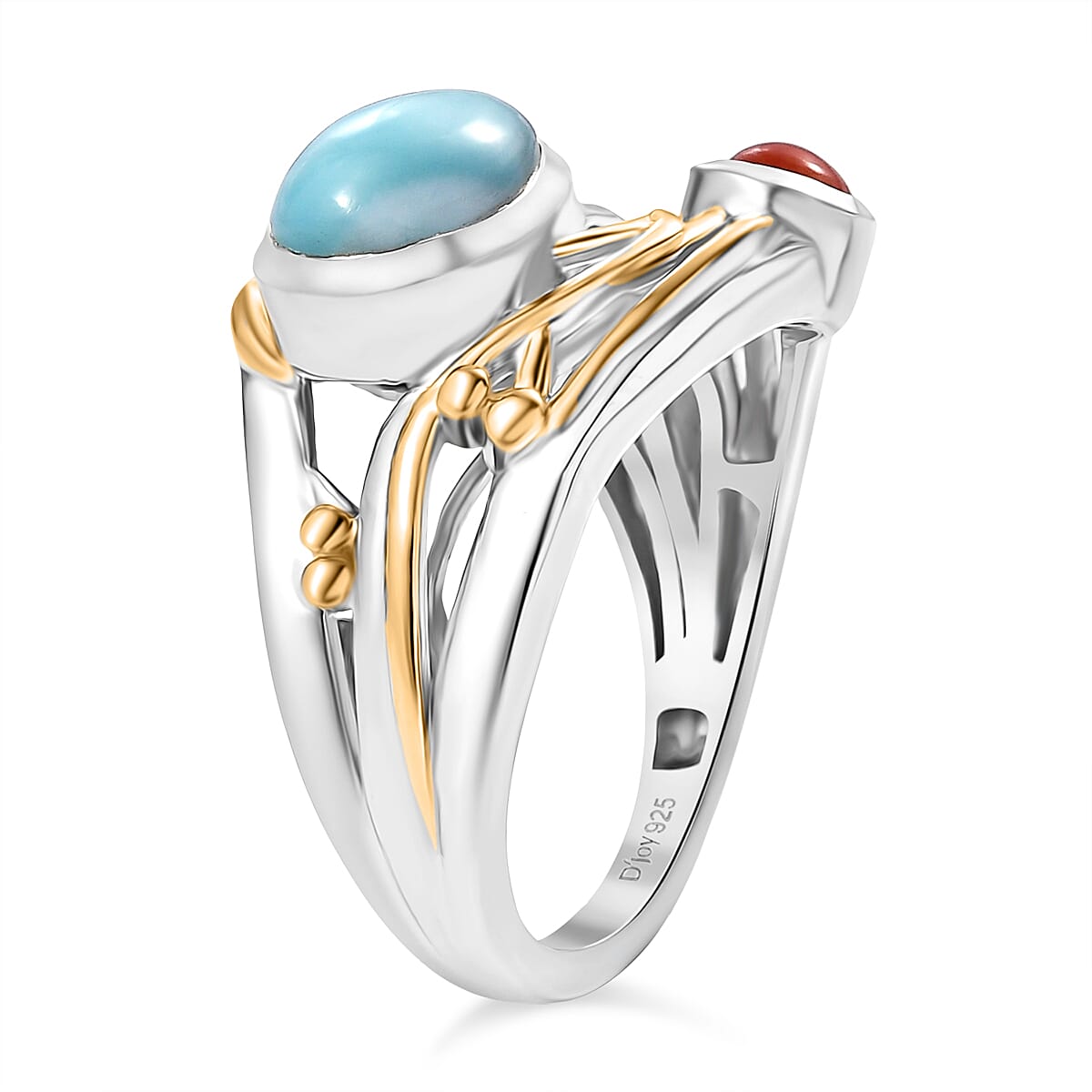 D'joy Larimar, Coral Oceanic Harmony Ring in 18K Yellow Gold Plated Sterling Silver 2.40 Ct. 8195149 4