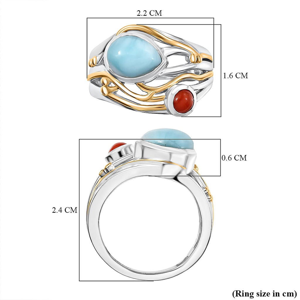 D'joy Larimar & Coral Oceanic Harmony Ring in 18K Yellow Gold Plated Sterling Silver 2.40 Ct.