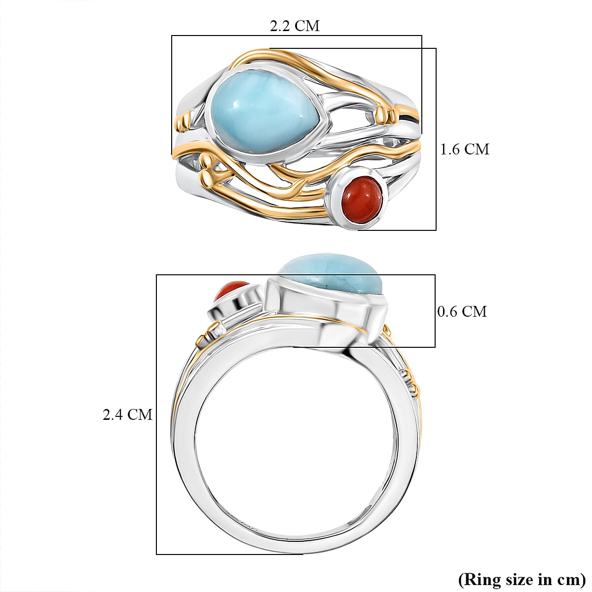 D'joy Larimar, Coral Oceanic Harmony Ring in 18K Yellow Gold Plated Sterling Silver 2.40 Ct. 8195149 6