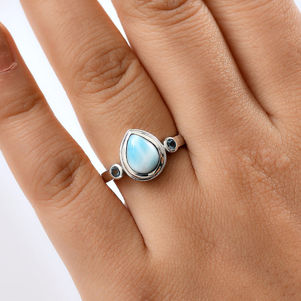 D'joy Larimar & Skyblue Topaz Ocean & Sky Ring in Rhodium Overlay Sterling Silver 2.39 Ct.