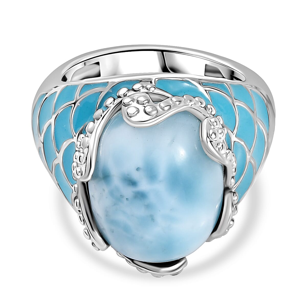 D'joy Larimar Solitaire Rolling Tides Ring in Rhodium Overlay Sterling Silver 11.02 Ct. 8199465 0