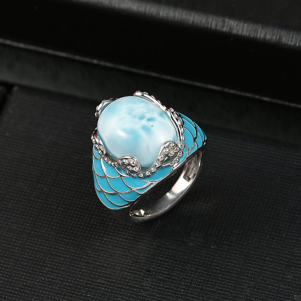 D'joy Larimar Solitaire Rolling Tides Ring in Rhodium Overlay Sterling Silver 11.02 Ct, Silver Wt. 6.29 Gms.