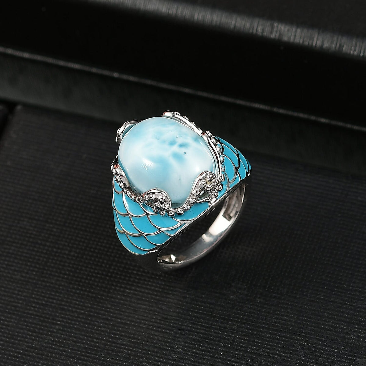 D'joy Larimar Solitaire Rolling Tides Ring in Rhodium Overlay Sterling Silver 11.02 Ct. 8199465 2