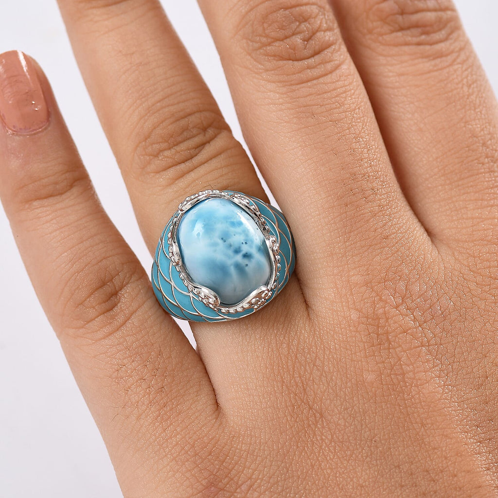 D'joy Larimar Solitaire Rolling Tides Ring in Rhodium Overlay Sterling Silver 11.02 Ct, Silver Wt. 6.29 Gms.