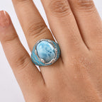 D'joy Larimar Solitaire Rolling Tides Ring in Rhodium Overlay Sterling Silver 11.02 Ct, Silver Wt. 6.29 Gms.