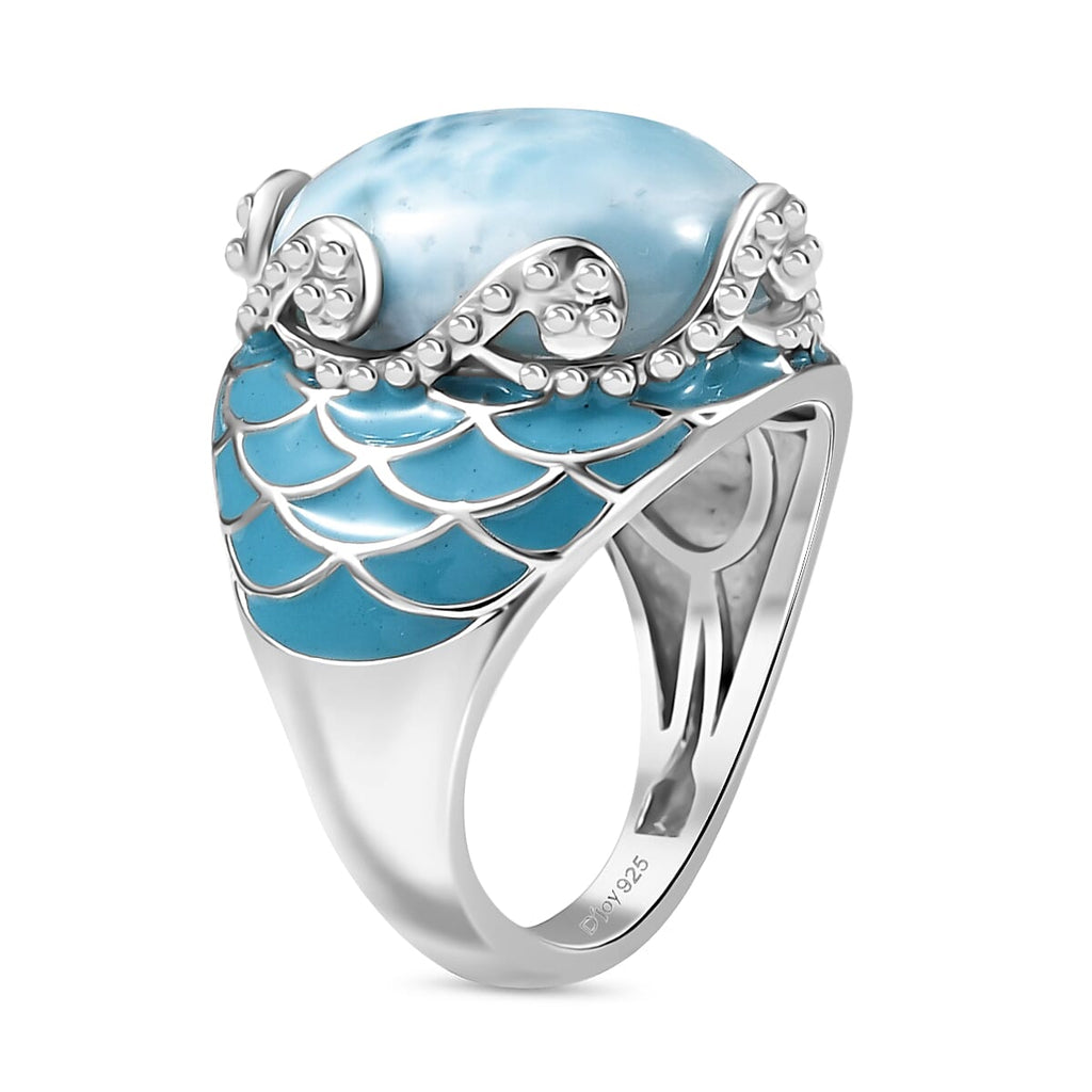 D'joy Larimar Solitaire Rolling Tides Ring in Rhodium Overlay Sterling Silver 11.02 Ct, Silver Wt. 6.29 Gms.