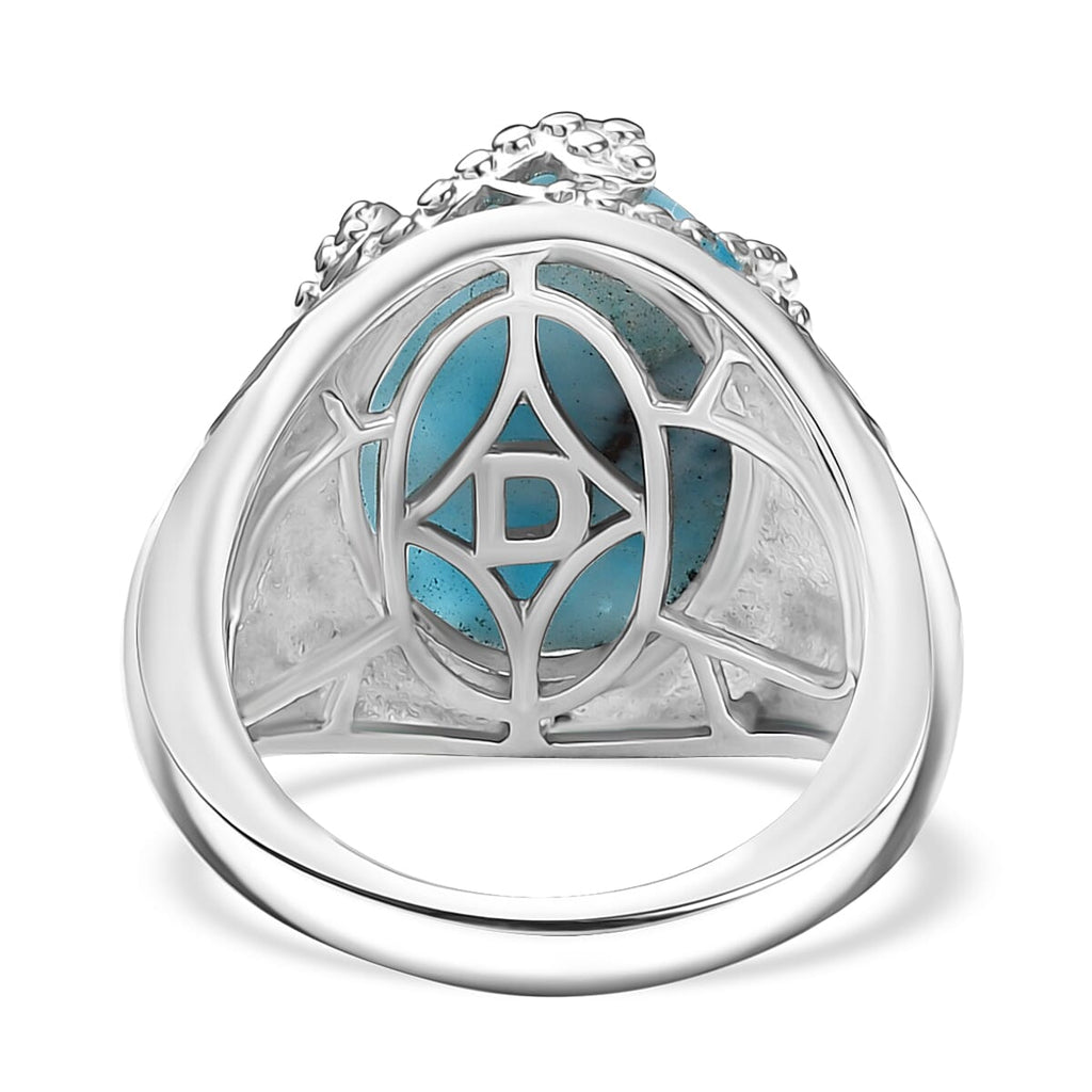 D'joy Larimar Solitaire Rolling Tides Ring in Rhodium Overlay Sterling Silver 11.02 Ct, Silver Wt. 6.29 Gms.