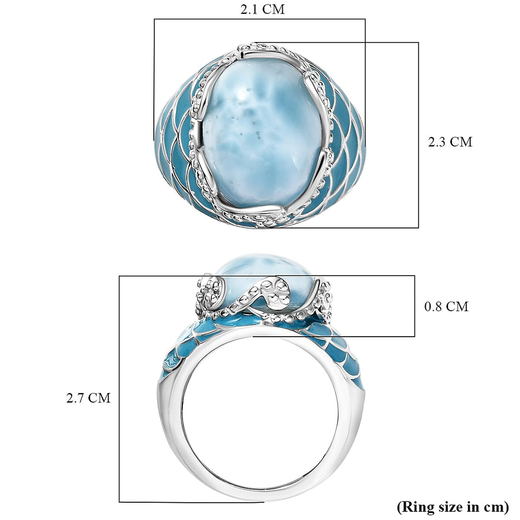 D'joy Larimar Solitaire Rolling Tides Ring in Rhodium Overlay Sterling Silver 11.02 Ct, Silver Wt. 6.29 Gms.