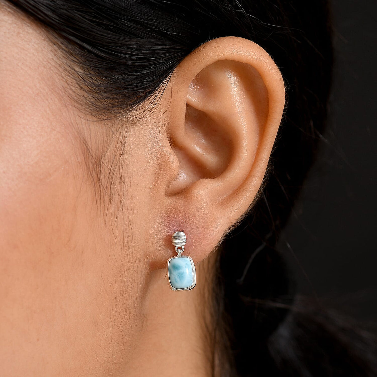 D'joy Larimar Solitaire Stud Push Post Rippling Waters Earring in Rhodium Overlay Sterling Silver 3.24 Ct. 8195119 3