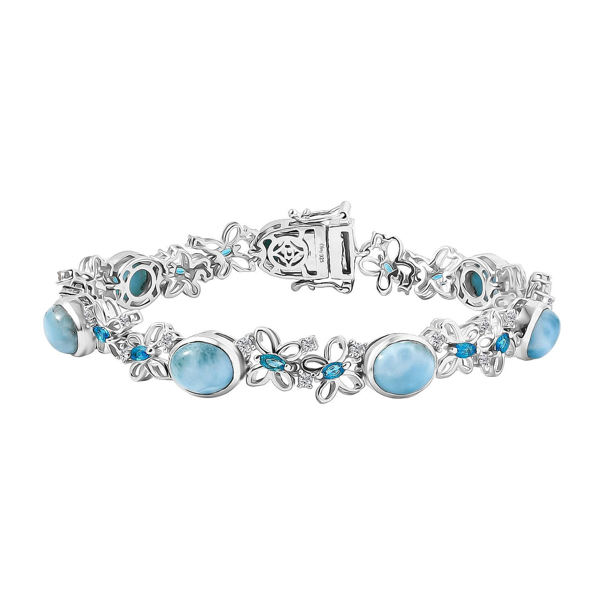 D'joy Larimar, White Zircon &amp; Neon Apatite Cluster Wings of the Sea Bracelet (Size - 7.5) in Rhodium Overlay Sterling Silver 18.55 Ct. V32698285 0