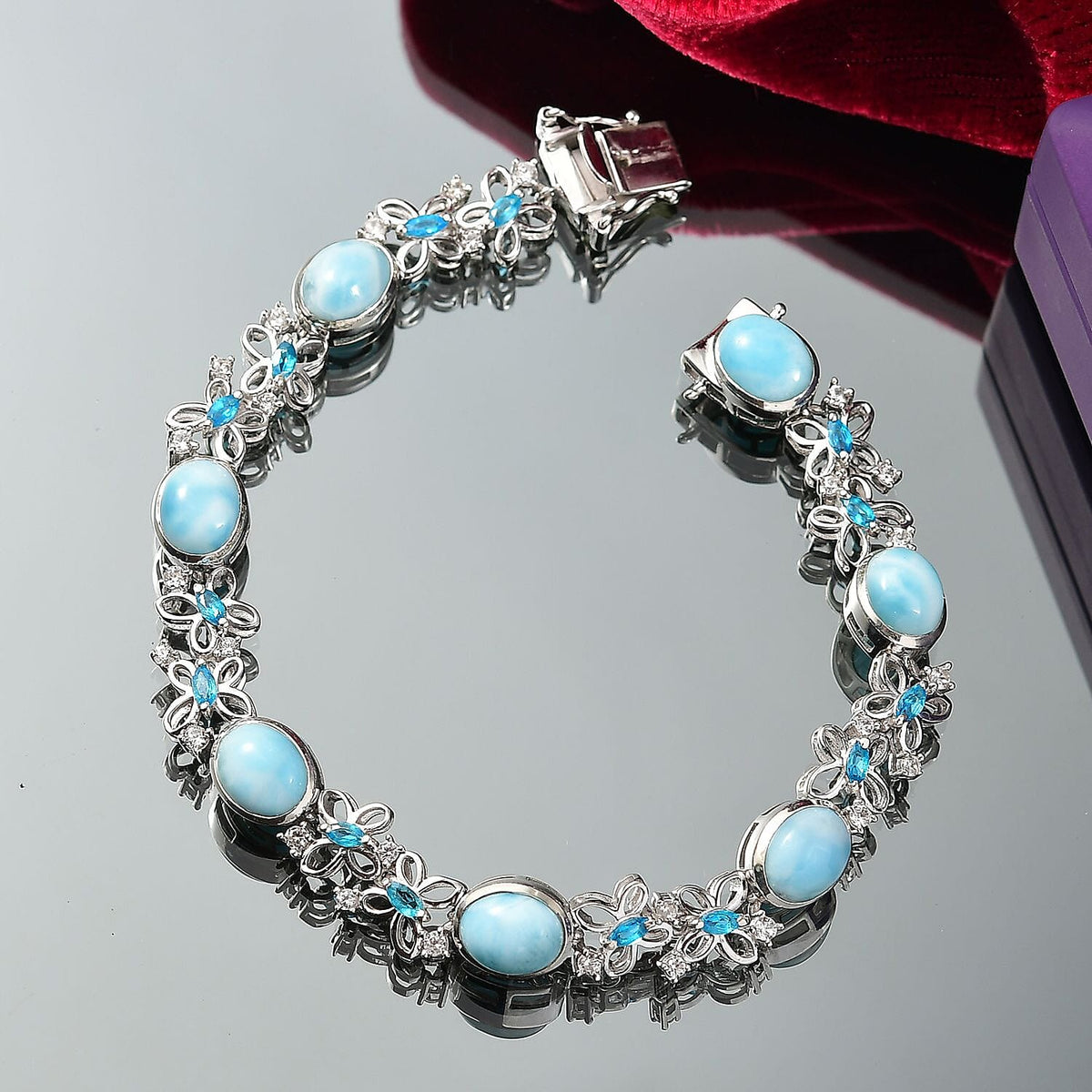 D'joy Larimar, White Zircon &amp; Neon Apatite Cluster Wings of the Sea Bracelet (Size - 7.5) in Rhodium Overlay Sterling Silver 18.55 Ct. V32698285 2