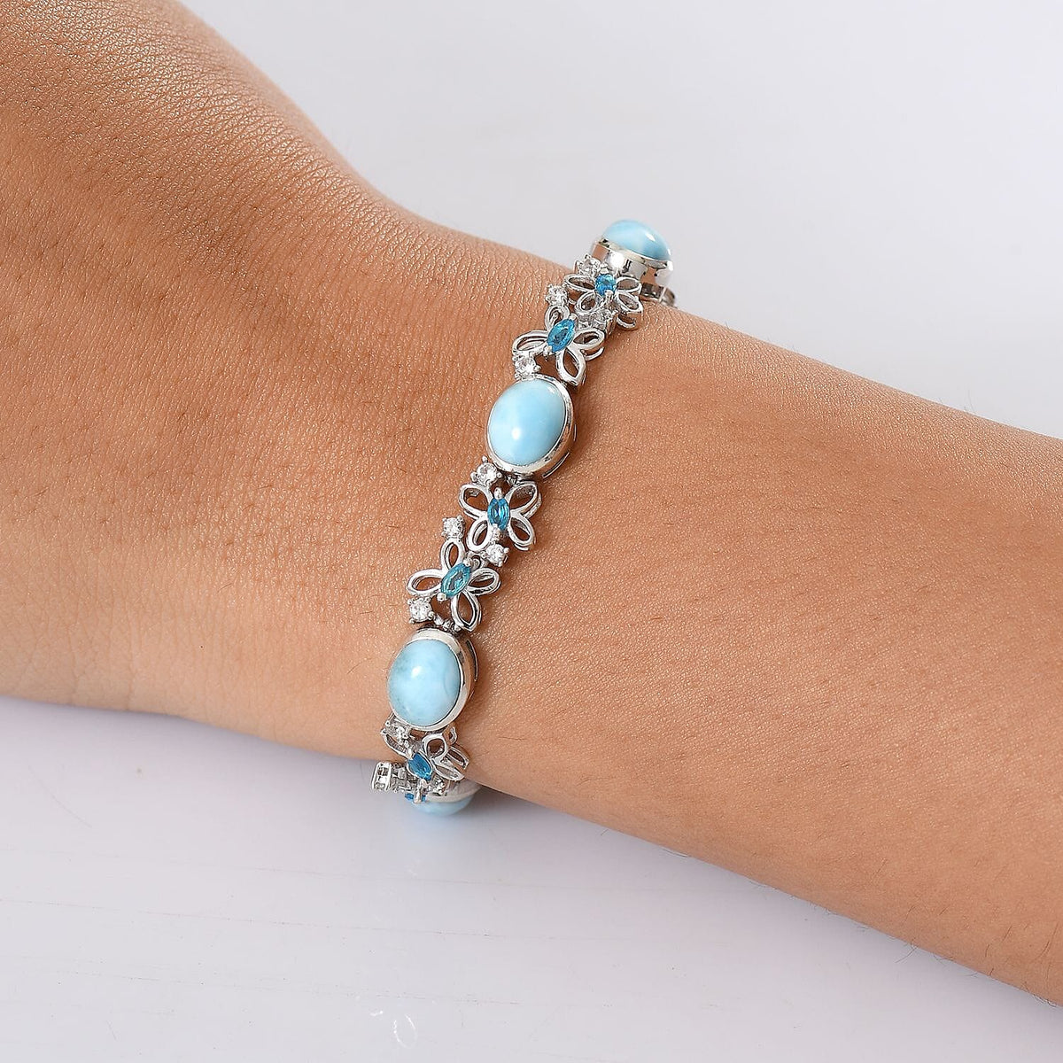 D'joy Larimar, White Zircon &amp; Neon Apatite Cluster Wings of the Sea Bracelet (Size - 7.5) in Rhodium Overlay Sterling Silver 18.55 Ct. V32698285 3