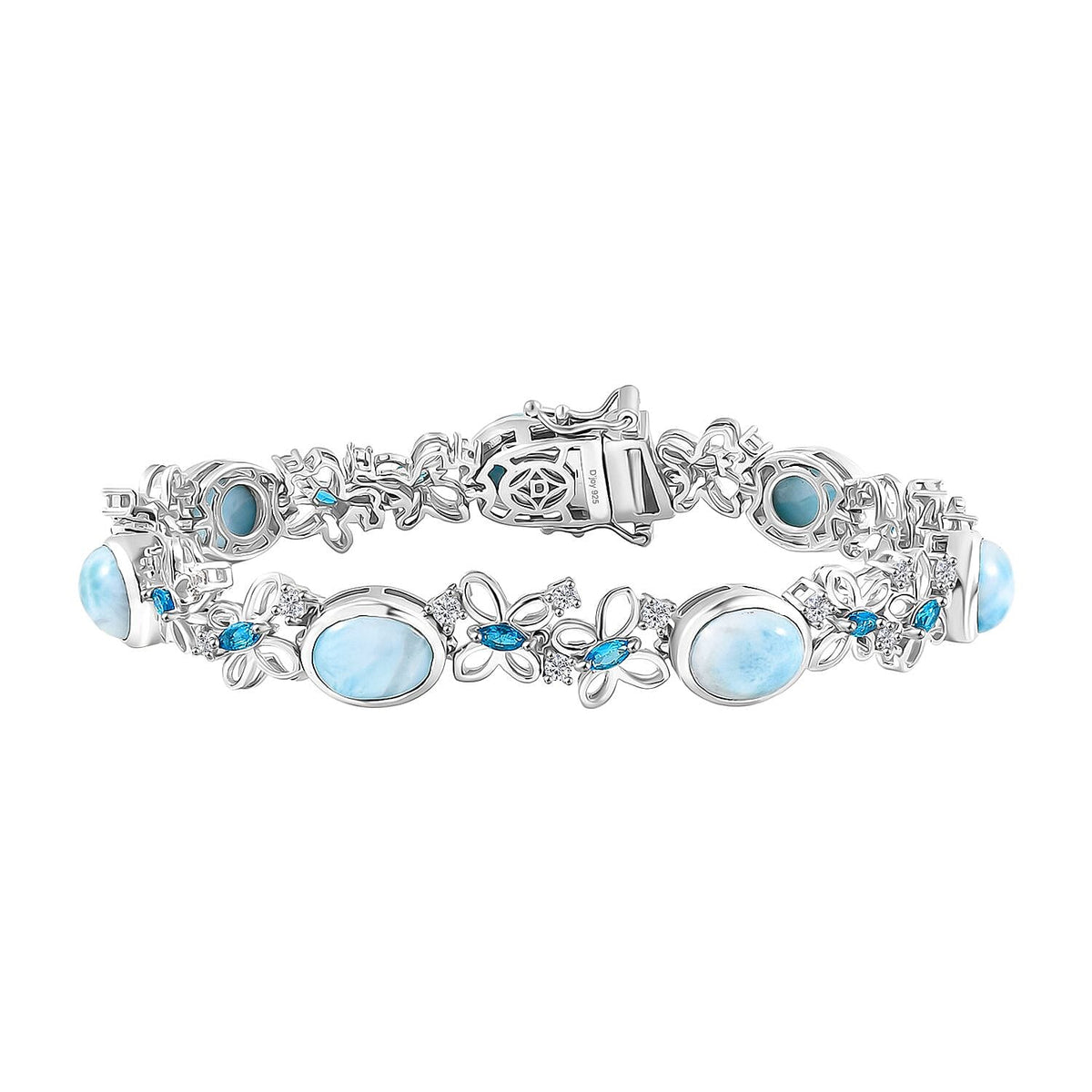 D'joy Larimar, White Zircon and Neon Apatite Cluster Wings of the Sea Bracelet (Size - 7) with GB Lock Box in Rhodium Overlay Sterling Silver 18.34 Ct. 8195357 0