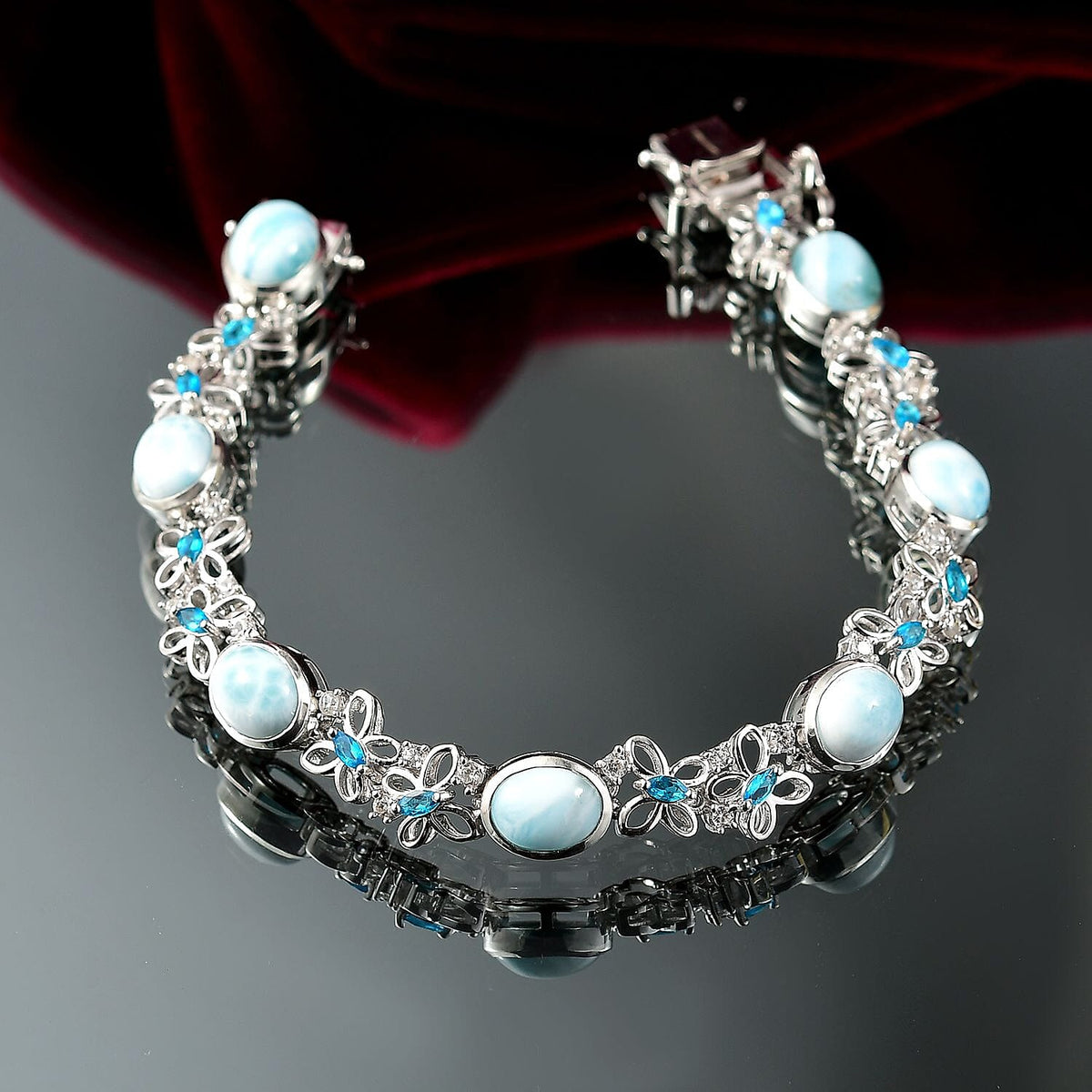 D'joy Larimar, White Zircon and Neon Apatite Cluster Wings of the Sea Bracelet (Size - 7) with GB Lock Box in Rhodium Overlay Sterling Silver 18.34 Ct. 8195357 2