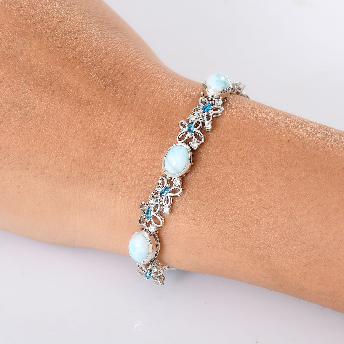 D'joy Larimar, White Zircon and Neon Apatite Cluster Wings of the Sea Bracelet (Size - 7) with GB Lock Box in Rhodium Overlay Sterling Silver 18.34 Ct. 8195357 3