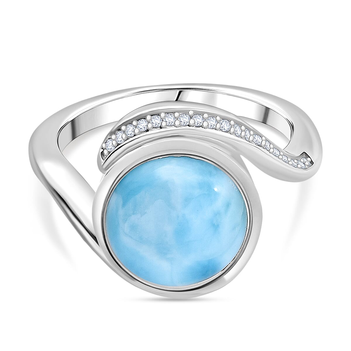 D'joy Larimar, White Zircon Solitaire Ocean Swirl Ring in Rhodium Overlay Sterling Silver 4.82 Ct. 8195066 0