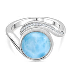 D'joy Larimar & White Zircon Solitaire Ocean Swirl Ring in Rhodium Overlay Sterling Silver 4.82 Ct.