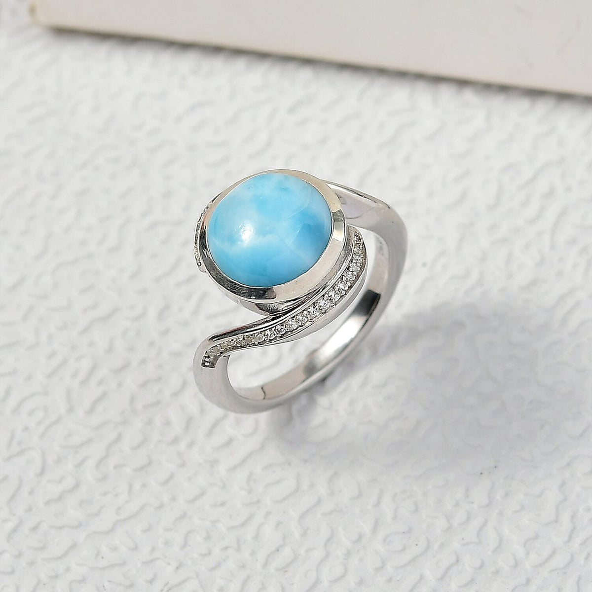 D'joy Larimar, White Zircon Solitaire Ocean Swirl Ring in Rhodium Overlay Sterling Silver 4.82 Ct. 8195066 2