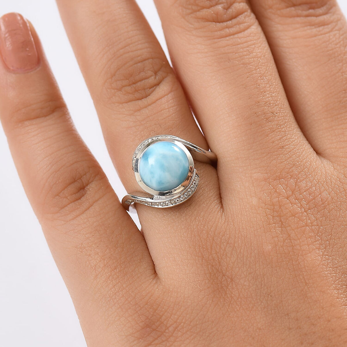 D'joy Larimar, White Zircon Solitaire Ocean Swirl Ring in Rhodium Overlay Sterling Silver 4.82 Ct. 8195066 3