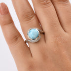 D'joy Larimar & White Zircon Solitaire Ocean Swirl Ring in Rhodium Overlay Sterling Silver 4.82 Ct.