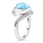 D'joy Larimar & White Zircon Solitaire Ocean Swirl Ring in Rhodium Overlay Sterling Silver 4.82 Ct.