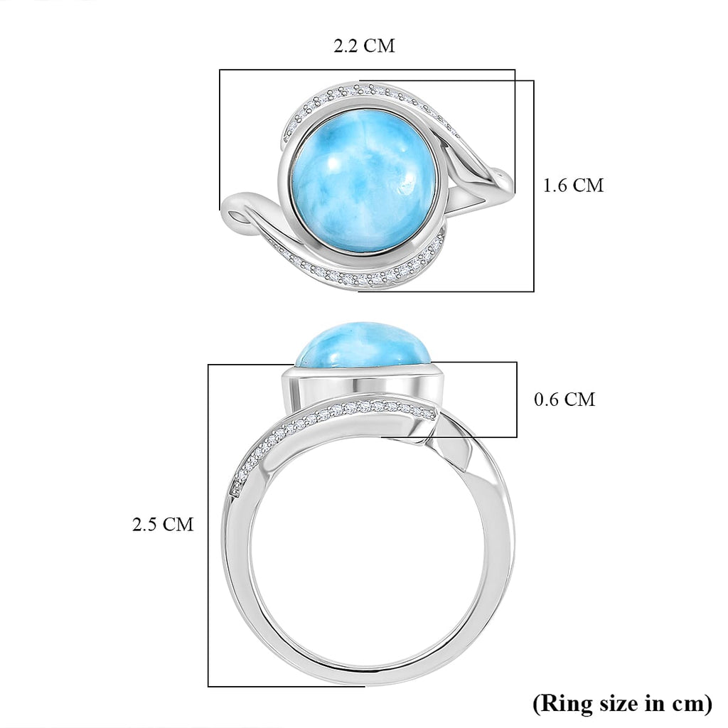 D'joy Larimar & White Zircon Solitaire Ocean Swirl Ring in Rhodium Overlay Sterling Silver 4.82 Ct.