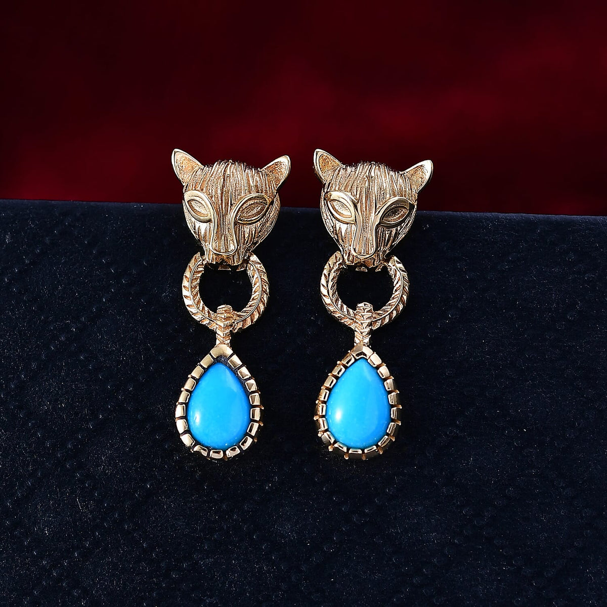 D'joy Sleeping Beauty Turquoise Panther Earring with Push Back in 14K Yellow Gold Plating Sterling Silver 1.32 Ct. 8228086 2