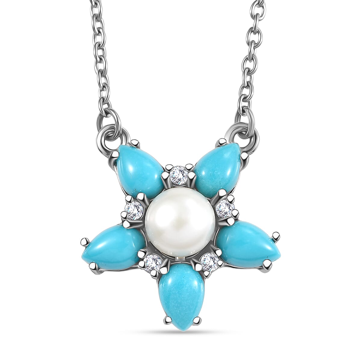 D'joy Sleeping Beauty Turquoise, Fresh Water Pearl and White Zircon Floral Necklace (Size - 20) with Lobster Clasp in Platinum Overlay Sterling Silver 3.49 Ct. 8223688 0