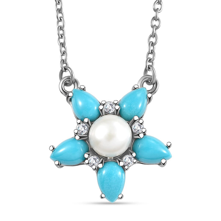 D'joy Sleeping Beauty Turquoise, Fresh Water Pearl and White Zircon Floral Necklace (Size - 20) with Lobster Clasp in Platinum Overlay Sterling Silver 3.49 Ct. 8223688 1