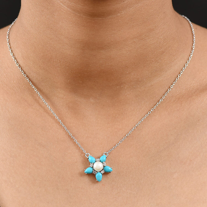 D'joy Sleeping Beauty Turquoise, Fresh Water Pearl and White Zircon Floral Necklace (Size - 20) with Lobster Clasp in Platinum Overlay Sterling Silver 3.49 Ct. 8223688 2