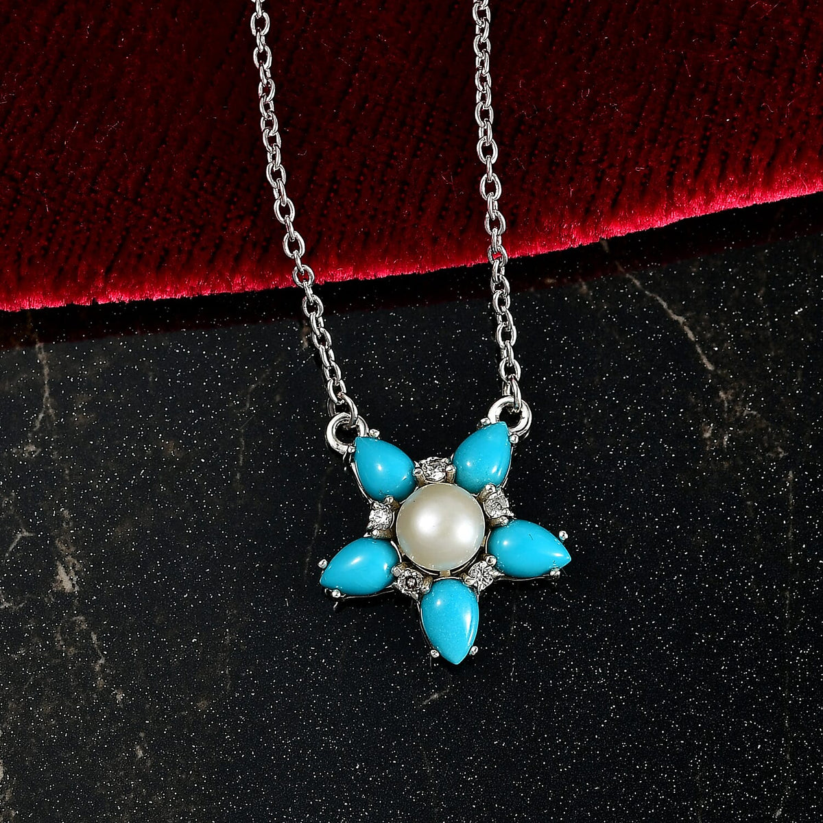 D'joy Sleeping Beauty Turquoise, Fresh Water Pearl and White Zircon Floral Necklace (Size - 20) with Lobster Clasp in Platinum Overlay Sterling Silver 3.49 Ct. 8223688 3