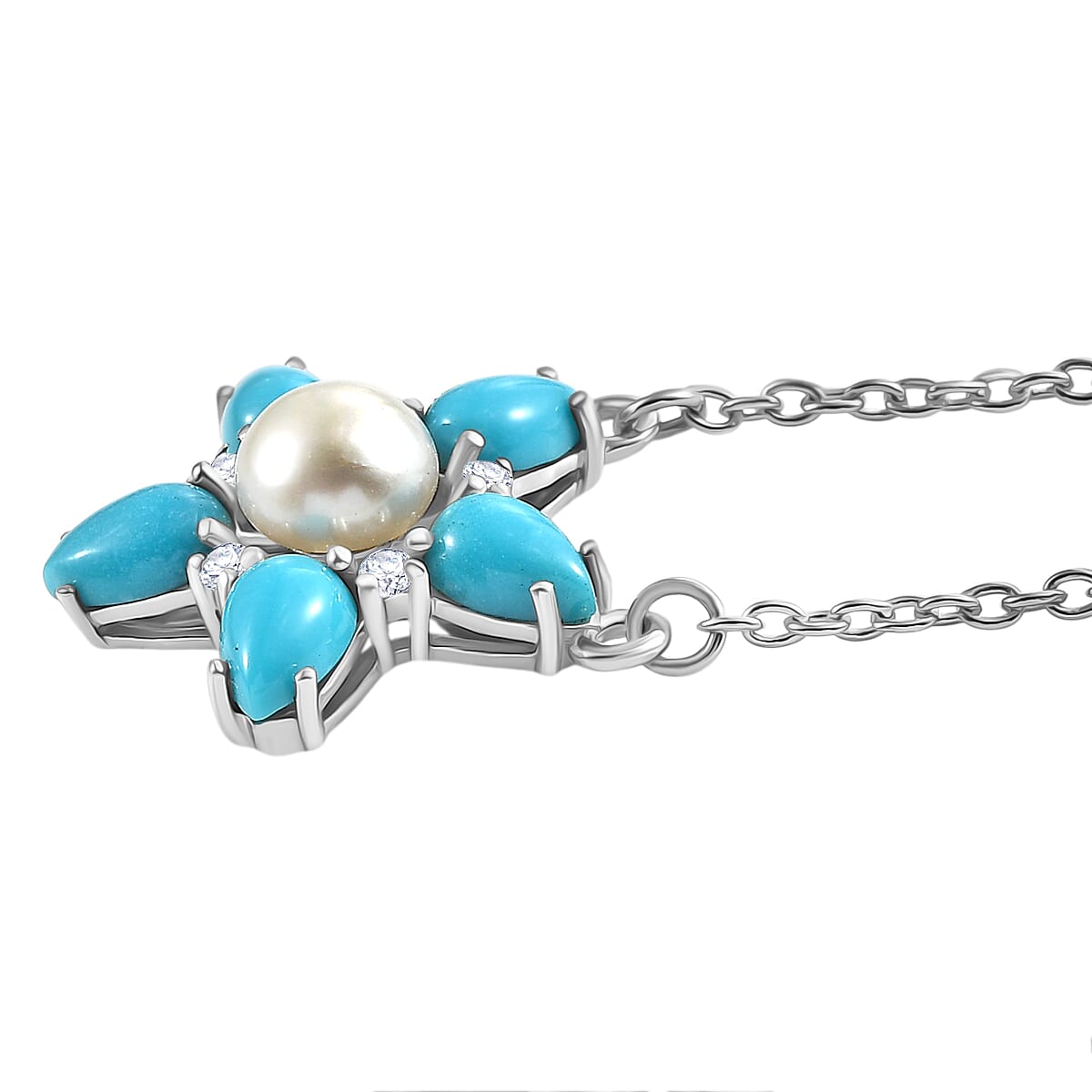D'joy Sleeping Beauty Turquoise, Fresh Water Pearl and White Zircon Floral Necklace (Size - 20) with Lobster Clasp in Platinum Overlay Sterling Silver 3.49 Ct. 8223688 4