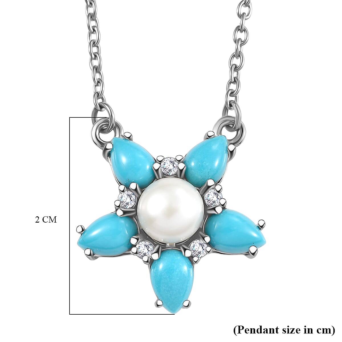 D'joy Sleeping Beauty Turquoise, Fresh Water Pearl and White Zircon Floral Necklace (Size - 20) with Lobster Clasp in Platinum Overlay Sterling Silver 3.49 Ct. 8223688 6
