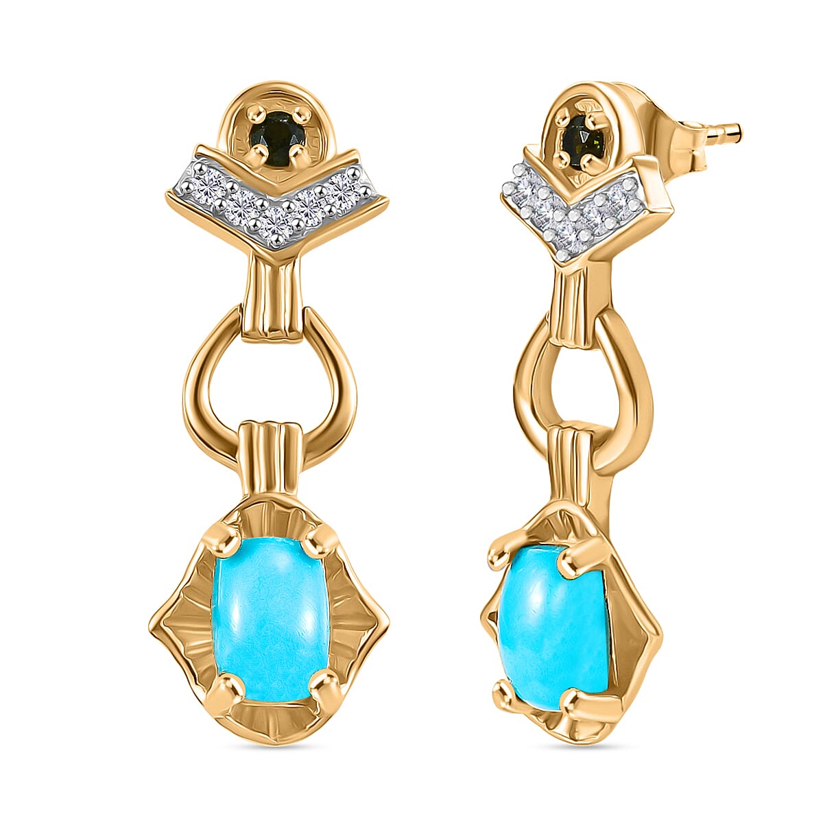 D'joy Sleeping Beauty Turquoise, Natural Chrome Diopside andamp; White Zircon Earring with Push Back in Yellow Gold Plated Sterling Silver 1.32 Ct. 8230078 0