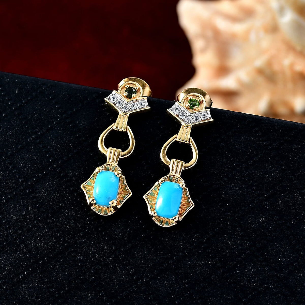 D'joy Sleeping Beauty Turquoise, Natural Chrome Diopside andamp; White Zircon Earring with Push Back in Yellow Gold Plated Sterling Silver 1.32 Ct. 8230078 2