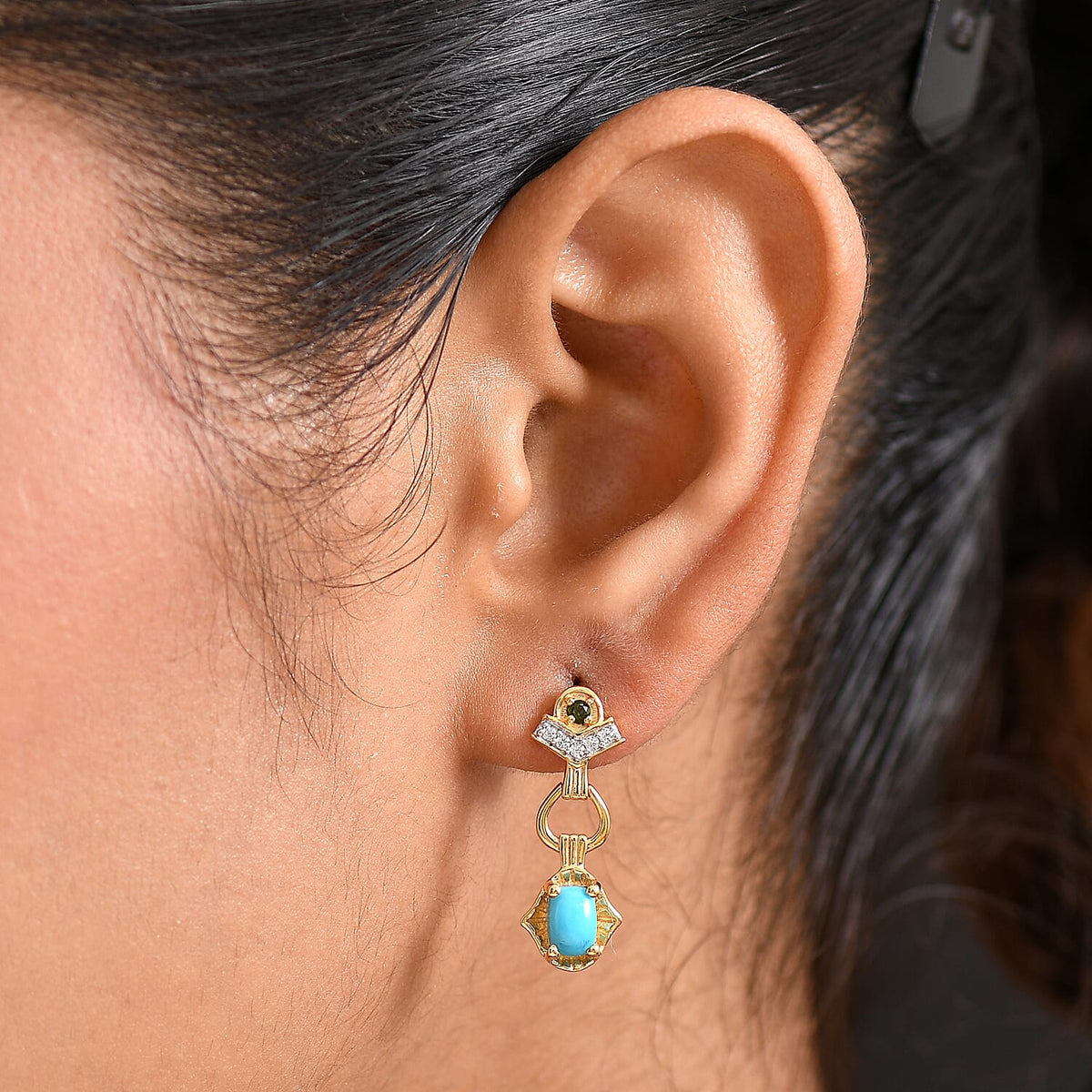 D'joy Sleeping Beauty Turquoise, Natural Chrome Diopside andamp; White Zircon Earring with Push Back in Yellow Gold Plated Sterling Silver 1.32 Ct. 8230078 3