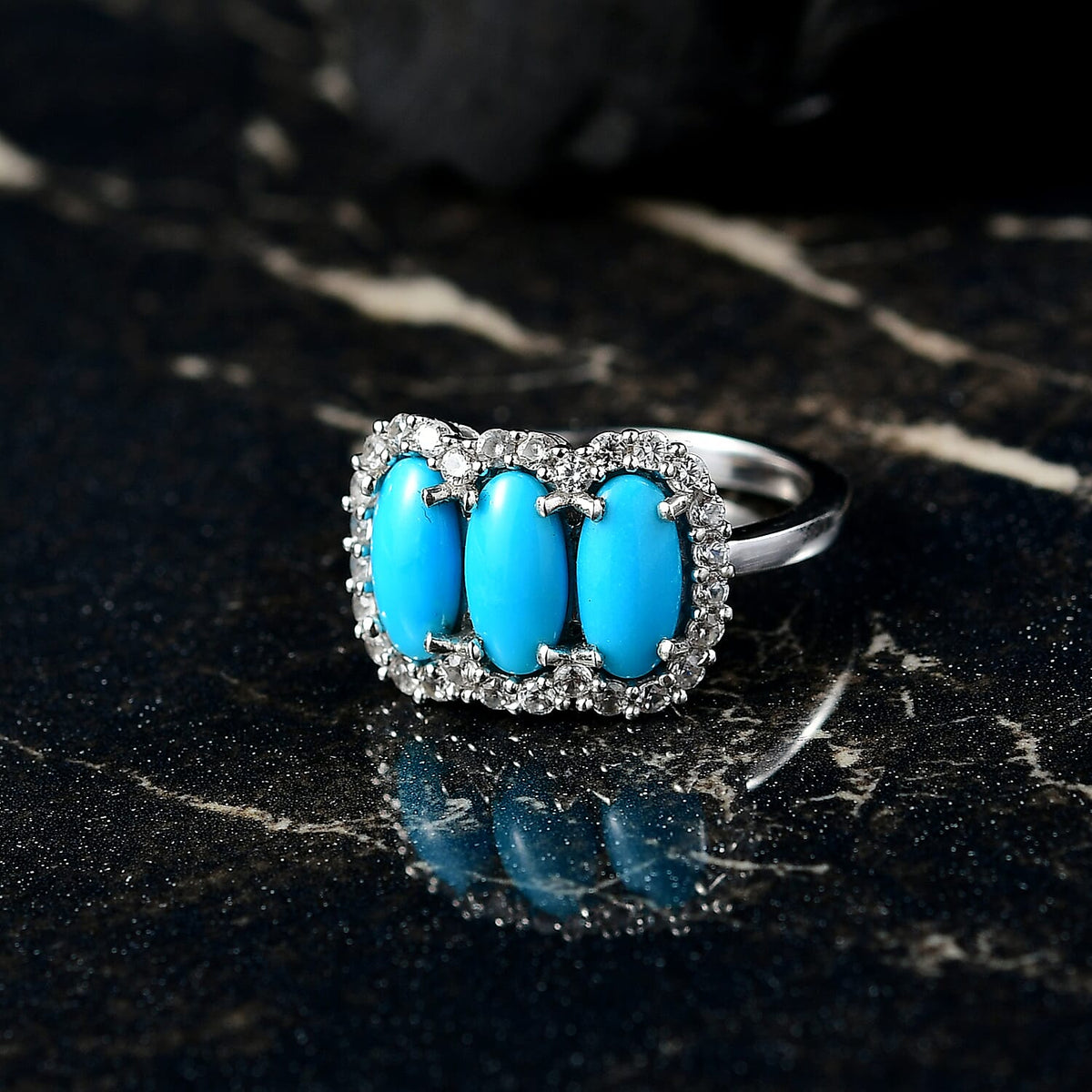 D'joy Sleeping Beauty Turquoise &amp; White Zircon Ring in Rhodium Overlay Sterling Silver 2.31 Ct. 8227414 2