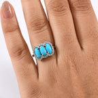 D'joy Sleeping Beauty Turquoise & White Zircon Ring in Rhodium Overlay Sterling Silver 2.31 Ct.