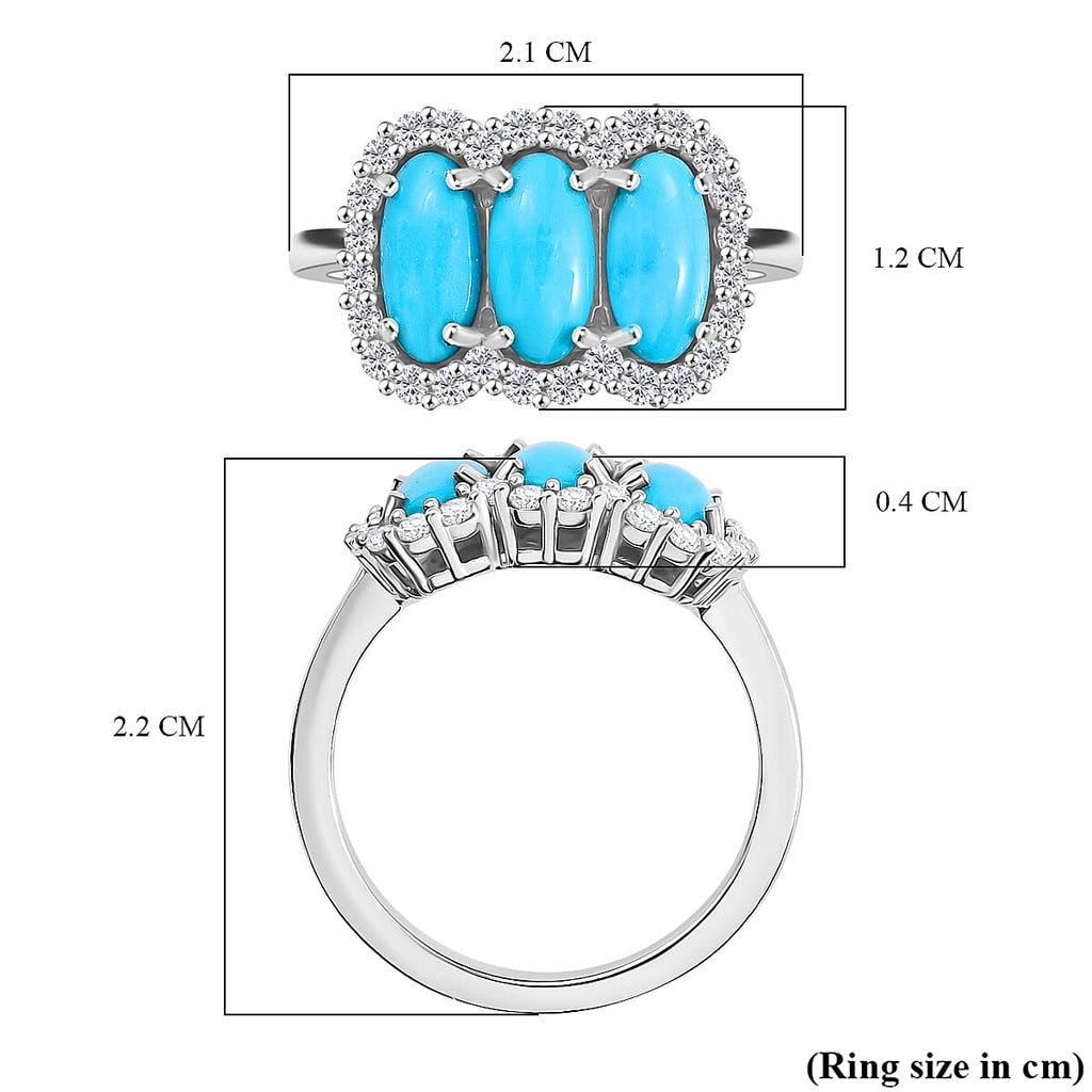D'joy Sleeping Beauty Turquoise & White Zircon Ring in Rhodium Overlay Sterling Silver 2.31 Ct.