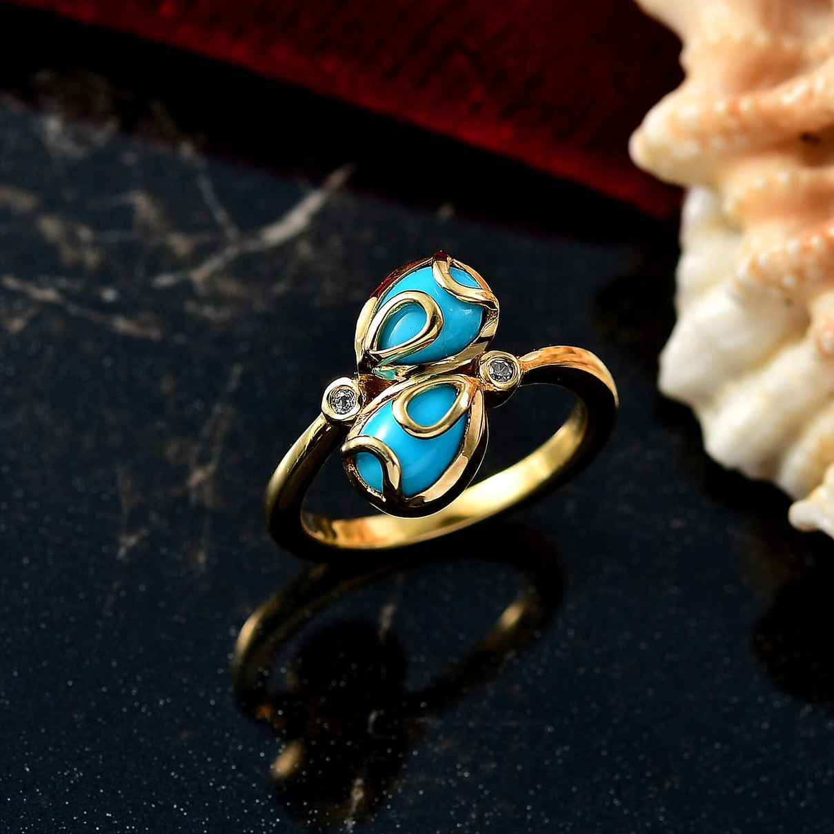 D'joy Sleeping Beauty Turquoise &amp; White Zircon Ring in Yellow Gold Plating Sterling Silver 1.33 Ct. 8227401 1