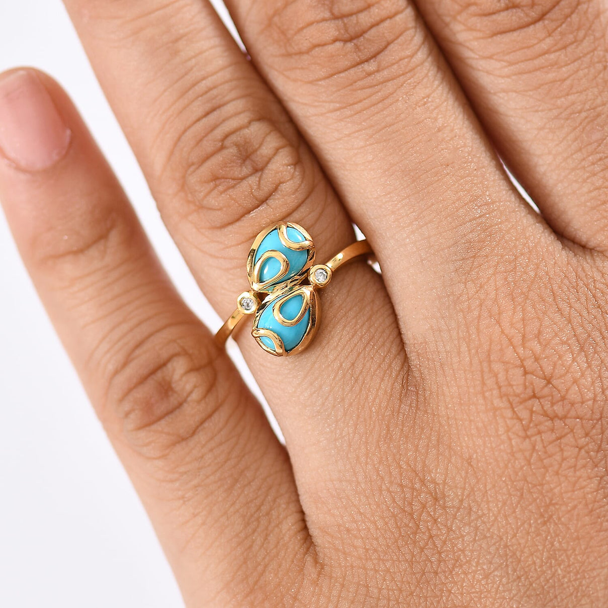 D'joy Sleeping Beauty Turquoise &amp; White Zircon Ring in Yellow Gold Plating Sterling Silver 1.33 Ct. 8227401 2