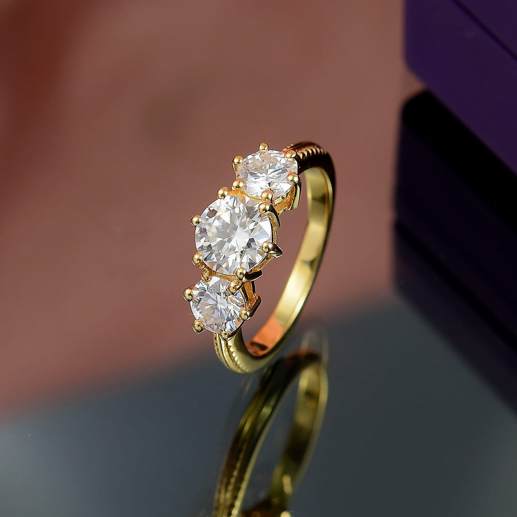 D'joy Moissanite 3 Stone Ring in 14K Yellow Gold Plated Sterling Silver 1.80 Ct.